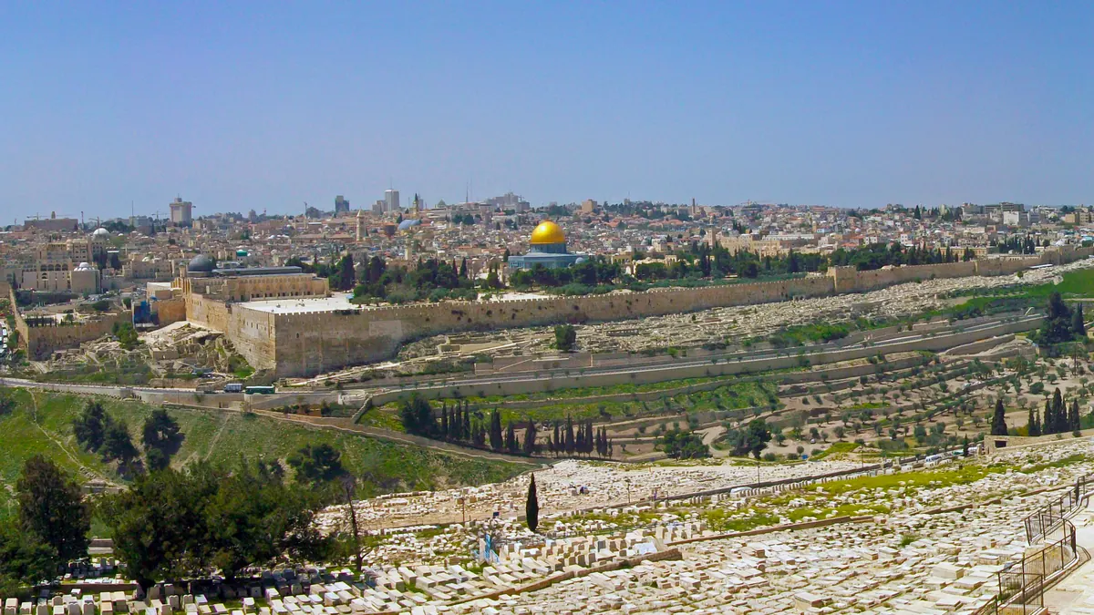 The Old City of Jerusalem from the Mount of Olives, with the Dome of the Rock above the walls