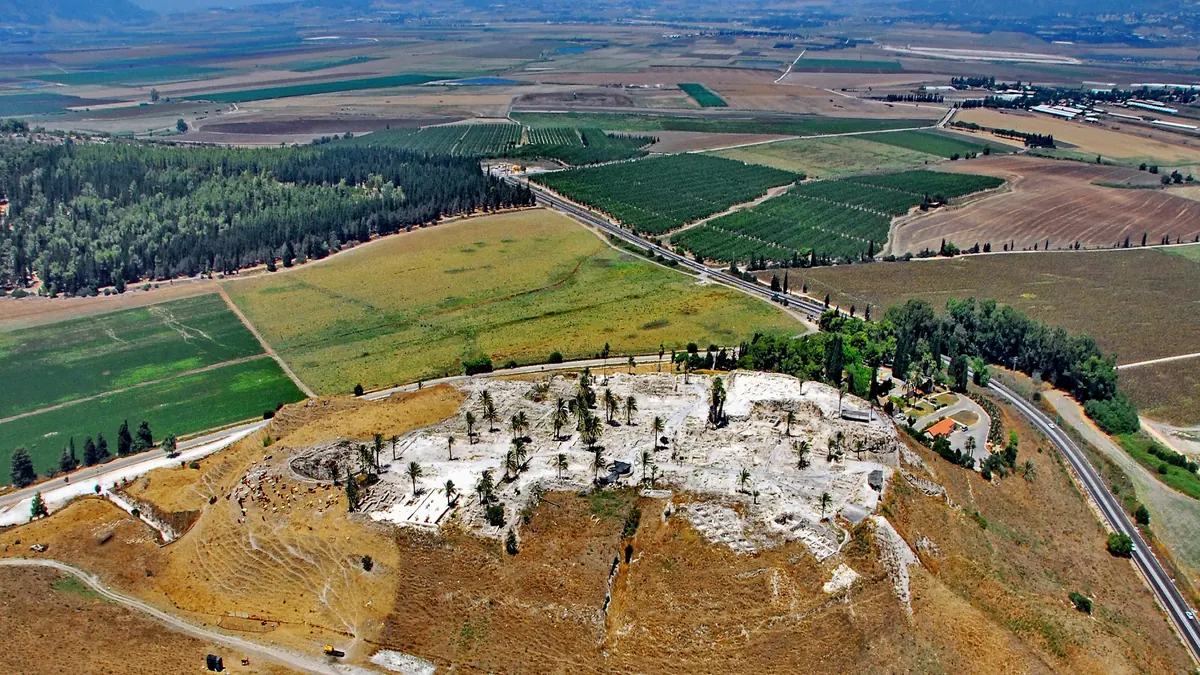 Archaeology: tel Megiddo from the air, above the Jezreel Valley